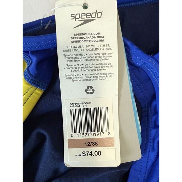 Speedo One Piece Swimsuit 12 Blue Yellow Gold Sporty PowerFlex Eco Splice Back - Picture 16 of 16